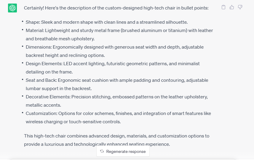 generative ai chatbot recommendations for chair design