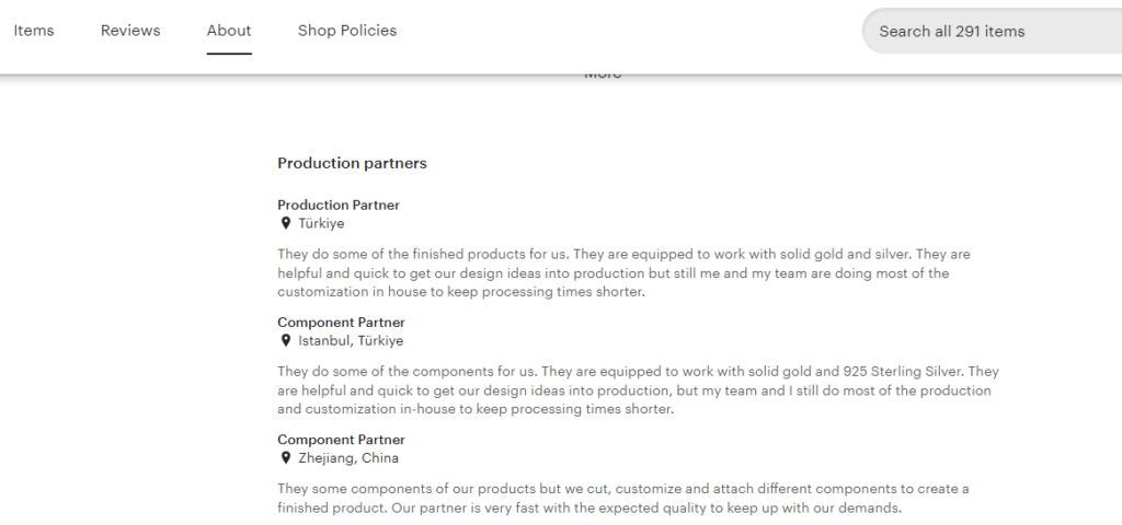 how production partner show publicly on etsy shops about section

