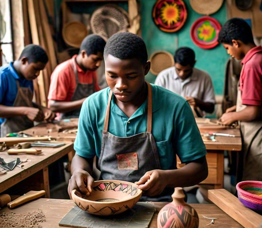 group of artisans making handmade products of different kinds in workspace