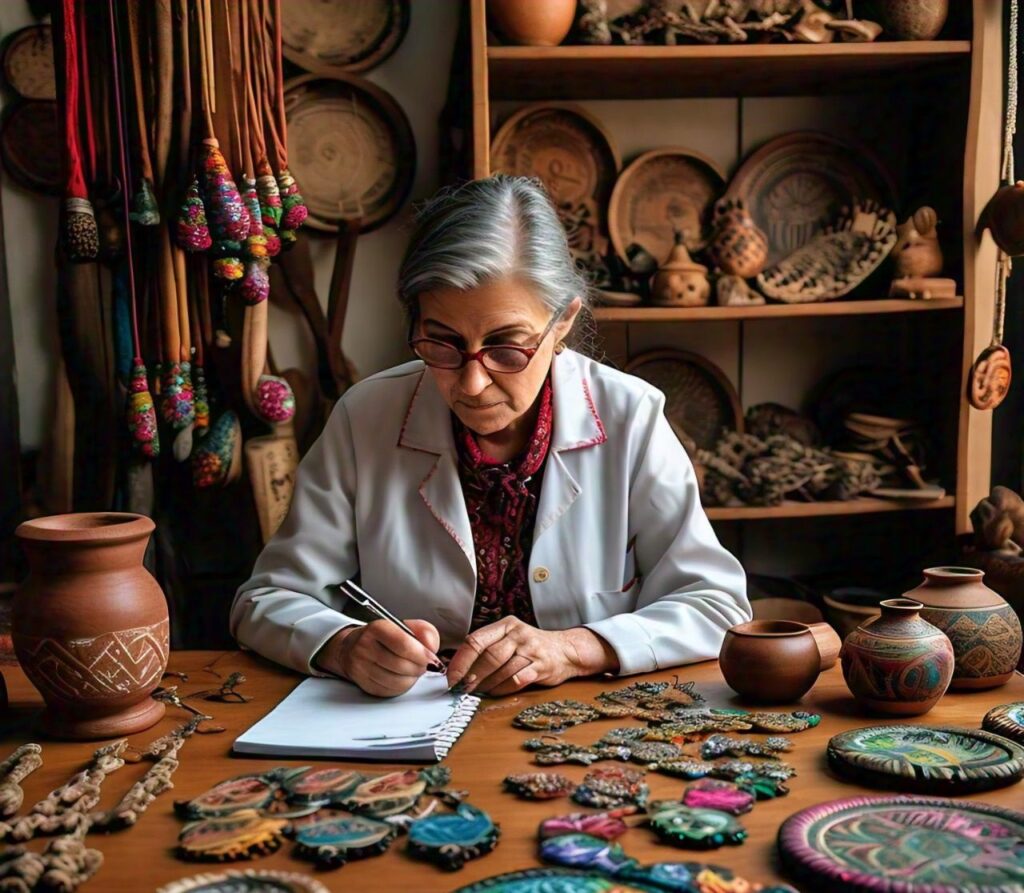 person evaluate quality of different handicrafts