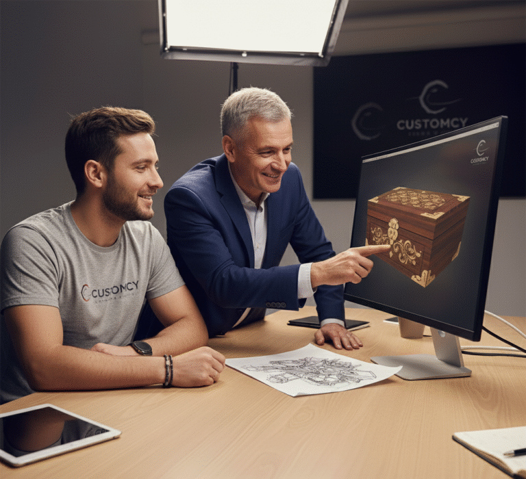 Custom item design review. Customcy representative and client collaborating on a 3D digital mockup with sketches.