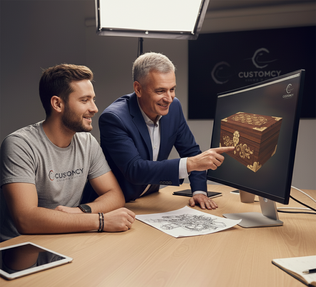 Custom item design review. Customcy representative and client collaborating on a 3D digital mockup with sketches.