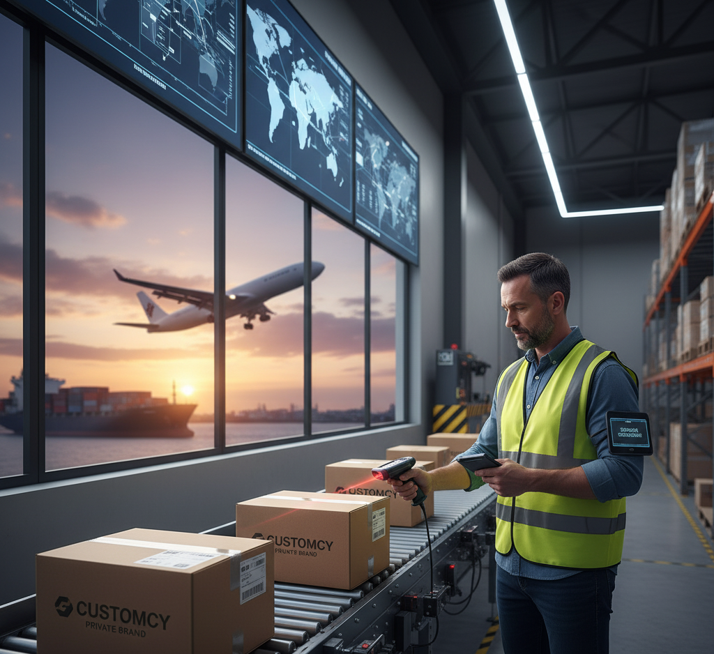 Global shipping and logistics of private brand bulk boxes. Worker scanning a shipping label in a modern warehouse for delivery.