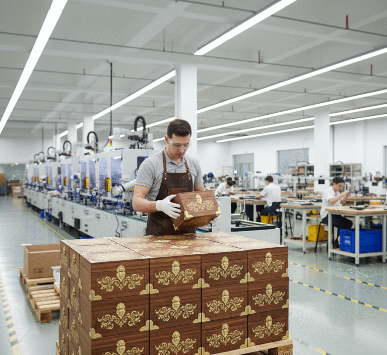 Modern custom items manufacturing with CNC machinery and artisan inspection. Bulk custom products production facility.