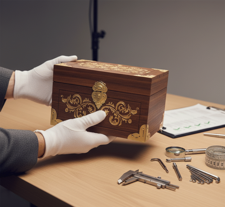 Hand inspecting a premium custom item prototype with calipers on an inspection table. Visible quality control checklist.