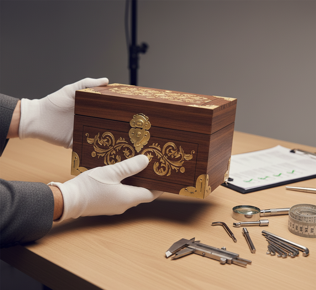 Hand inspecting a premium custom item prototype with calipers on an inspection table. Visible quality control checklist.
