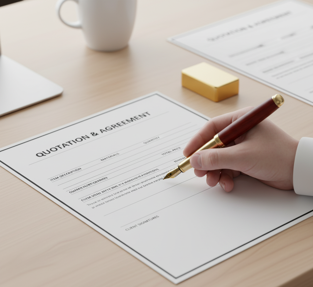 Luxury fountain pen next to a signed contract and premium material sample on a minimalist wooden desk. Final agreement.