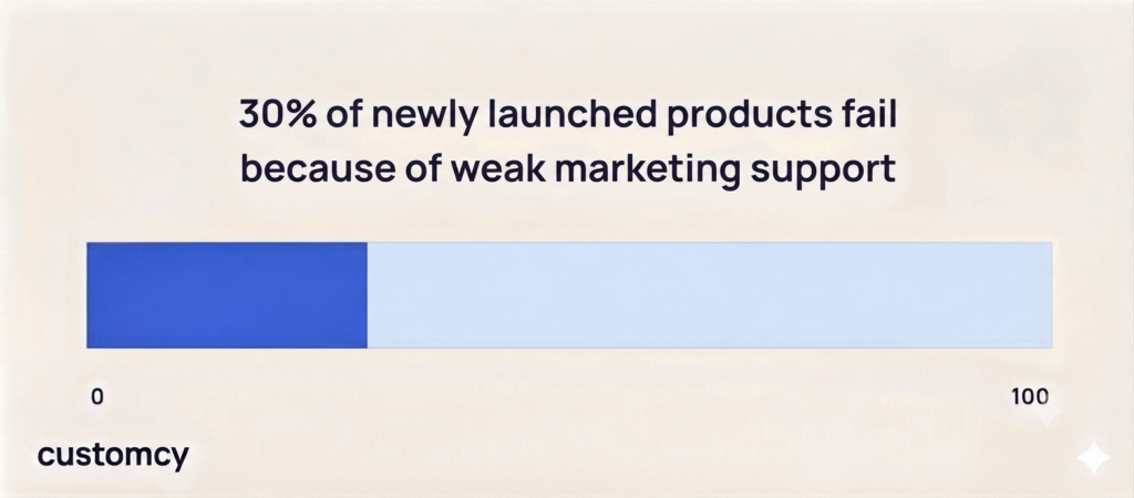 Progress bar showing that 30% of new products fail because of weak marketing support