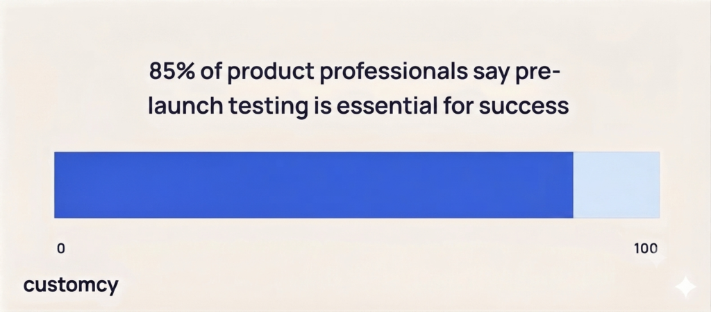Progress bar showing that 85% of product professionals consider pre-launch testing important for success